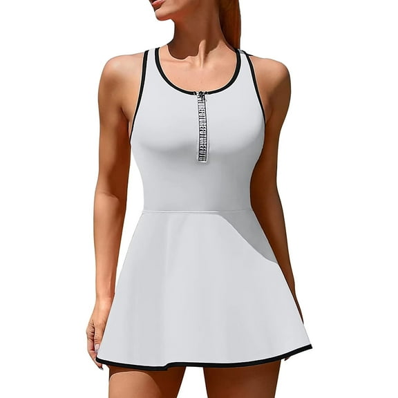 Women Tennis Dress Zipper Workout Dresses Built-in Bra Athletic Skirts with Shorts and Pockets