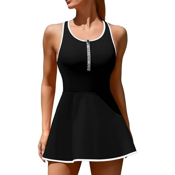 Women Tennis Dress Zipper Workout Dresses Built-in Bra Athletic Skirts with Shorts and Pockets