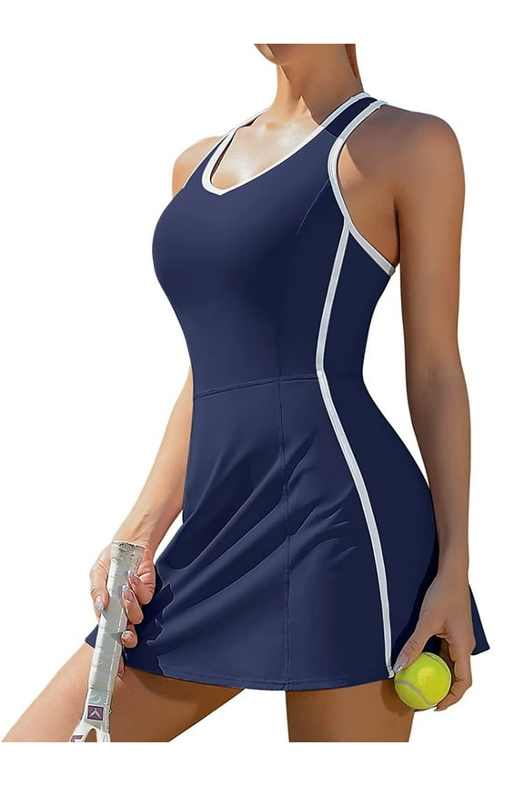 Women Tennis Dress with Built-in Bra and Pockets Shorts Racerback Athletic Dresses