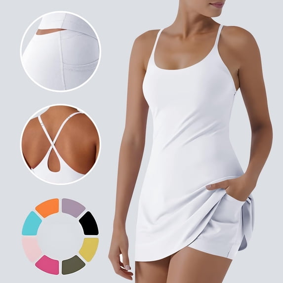 Women Tennis Dress with Built in Shorts Underneath ,Athletic Dress Sleeveless Spaghetti Straps Workout Tennis Matching Sets 2XL