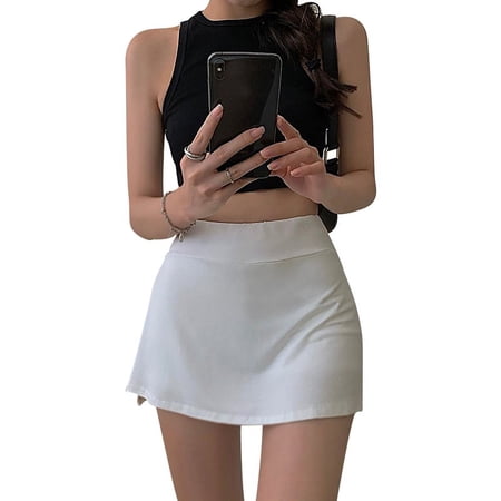 Women Tennis Mini Skirt Solid Color High-Waist Wrap A-Line Skirt With Lining Shorts Girls Streetwear