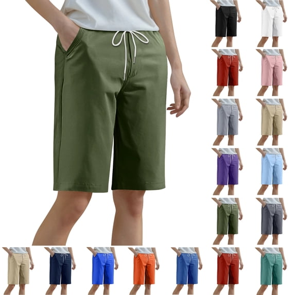 Women Tennis Shorts Drawstring Straight Leg Plus Size High Waist Solid Color Casual Sports Gym Shorts with Pockets Army Green M-5XL