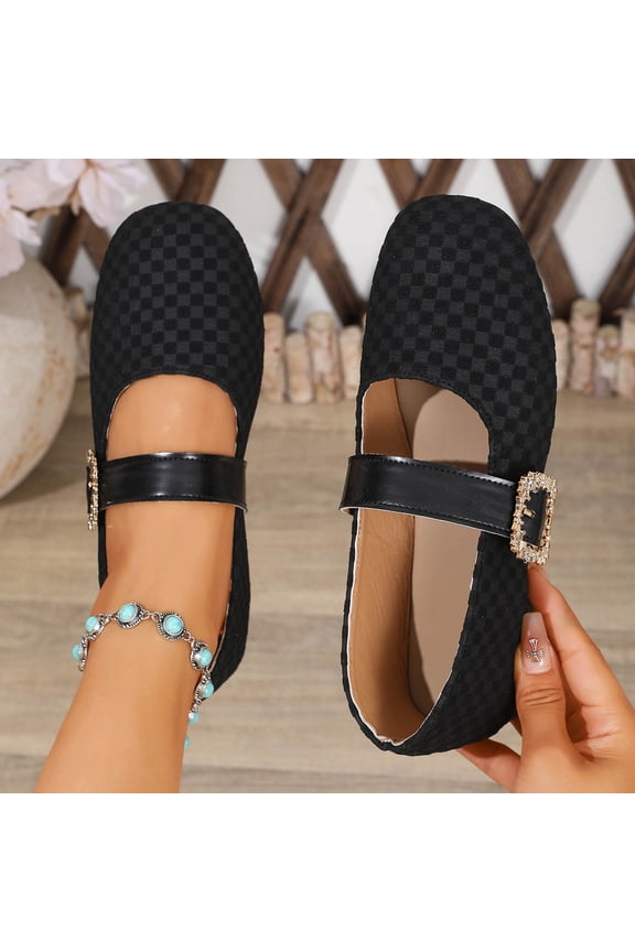 Women Textured Check Suede Mary Jane Flats, Light Comfort Slip on Square Buckle Strap Round Toe Flats Black 5.5(36)
