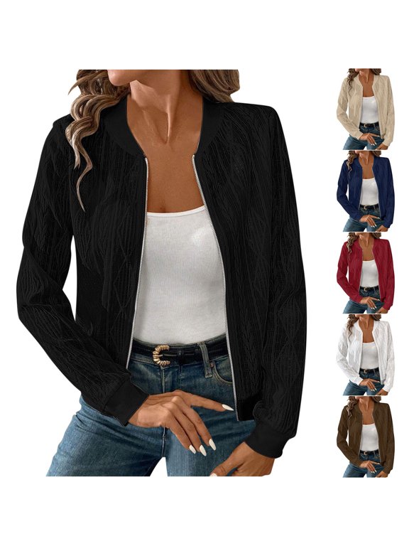 Women Textured Jacquard Zip Up Bomber Jacket Sevevn Stand Collar Ribbed Cuffs Hem Long Sleeve Cropped Outerwear for Spring Fall Daily Wear