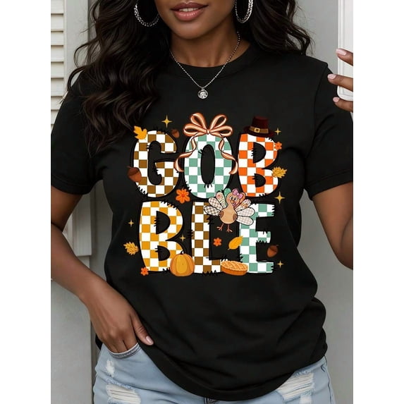Women Thanksgiving Gobble Graphic Tee Fall Plaid Turkey Pumpkin Print Short Sleeve Casual Holiday T Shirt