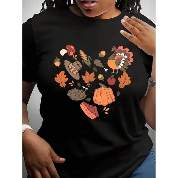 Women Thanksgiving Graphic T-Shirt, Doodles Pumpkin Leaves Peace Sign Turkey Funny Fall Tee