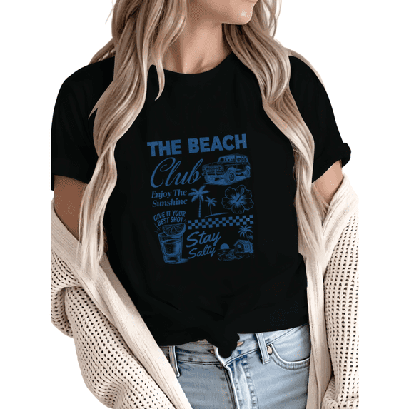 Women The Beach Club Retro Coastal Graphic fun Tees T Shirt Tops Round Neck Cotton T Shirt Black S-5XL