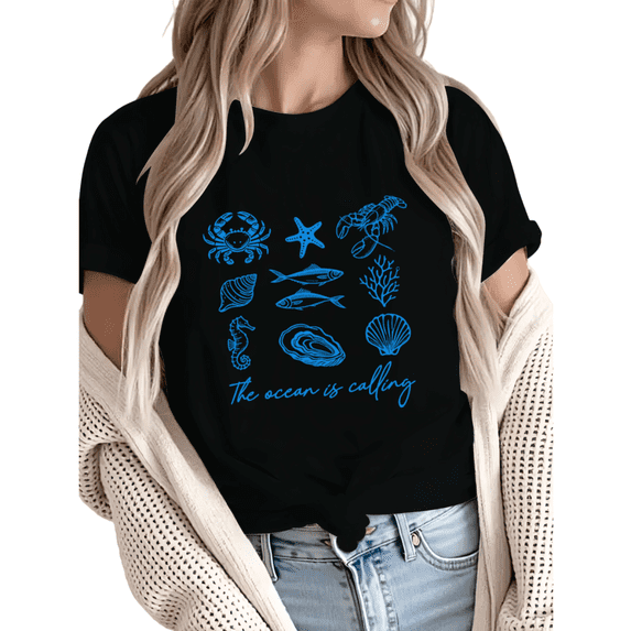 Women The Ocean Is Calling Blue Marine Life Graphic fun Tees T Shirt Tops Round Neck Cotton T Shirt Black S-5XL