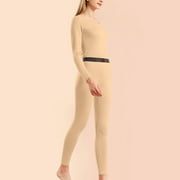 BRGZLK Women Thermal Underwear Set For Winter Fitted Round Neck Silk Gelatin Style Warm And Thick Velvet Base Layer Home Clothes Beige L