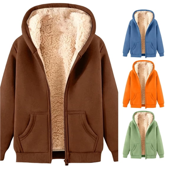 Women Thick Lined Full Zip Hoodie Winter Warm Sherpa Sweatshirt