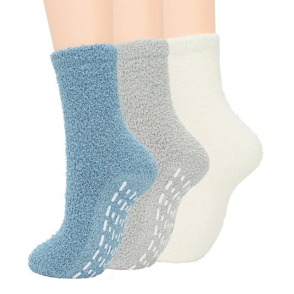 Women Thick Fuzzy Anti-Slip Slipper Socks Winter Warm Socks Fluffy Cozy Yoga Pilates Soft Grip Socks 3 Pairs Blue/Gray/White One Size