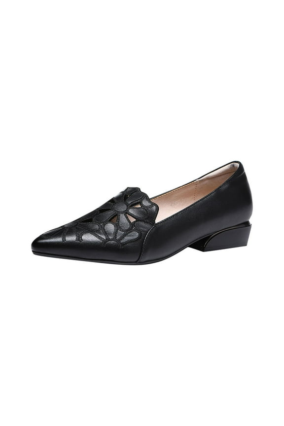 Women Thick Heel Soft-Soled Cutout Embroidered Leather Shoes Comfortable Pointed Toe Low Chunky Heel Pumps Slip On Loafers Leather Shoes Black Women Sandal