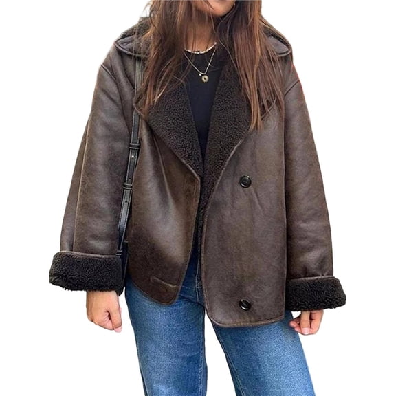 Women Thick -Lined Faux Suede Jacket Oversized Leather Coat Moto Jacket Biker Winter Overcoat Brown L