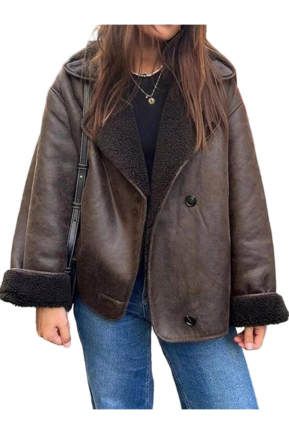 Women Thick -Lined Faux Suede Jacket Oversized Leather Coat Moto Jacket Biker Winter Overcoat Brown S