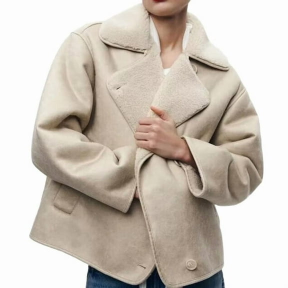 Women Thick Lined Faux Suede Oversized Leather Coat Shearling Moto Jacket Winter Overcoat Cream White XS