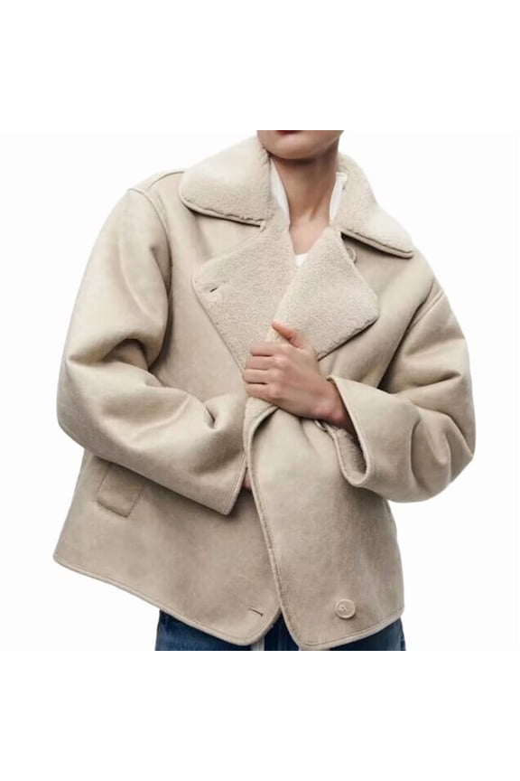 Women Thick Lined Faux Suede Oversized Leather Coat Shearling Moto Jacket Winter Overcoat Cream White XS