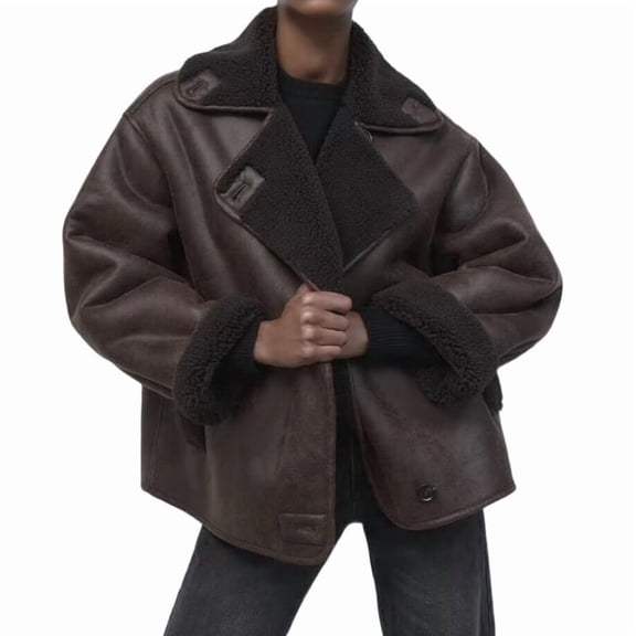 Women Thick Lined Faux Suede Oversized Leather Coat Shearling Moto Jacket Winter Overcoat Dark Brown M