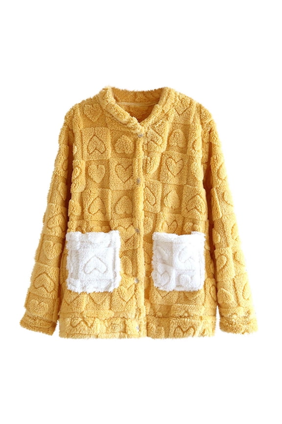 Women Thick Plush Sleepwear Coat Love Heart Loungewear Top for Valentine Plaid Nightwear Oversized Sleep Loungewears with Pockets Long Sleeve Bath Coats V Neck Bathrobe Tops