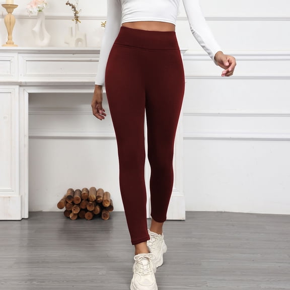 Women Thick Tights Solid Color High Waist Fleece Lined Base Layer Pants Workout Yoga Leggings Womens Waterproof Pants Wine L