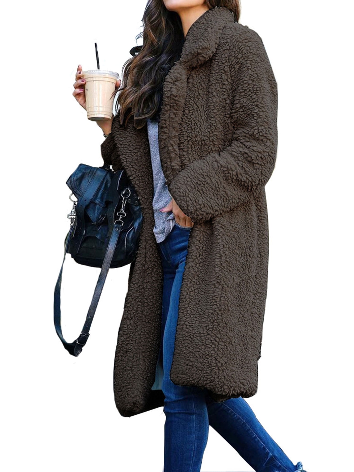 Women Thick Warm Fluffy Fleece Long Trench Coat Jacket Faux Borg Outwear Warm Overcoat Ladies Open Front Lapel Cardigan Outwear Coat