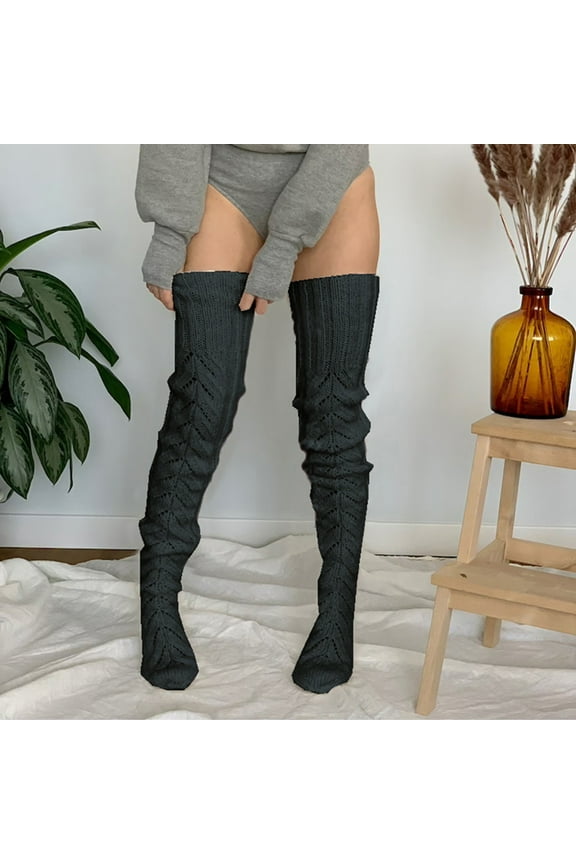 Women Thigh High Socks Long Over the Knee Socks Knit Thick Tall Winter Stockings (Black One Size)
