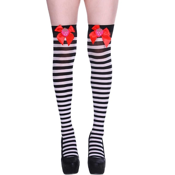 Women Thigh High Socks Strawberry Bowknot Striped Over Knee Short Long Stockings Festival Tights Comfort Black