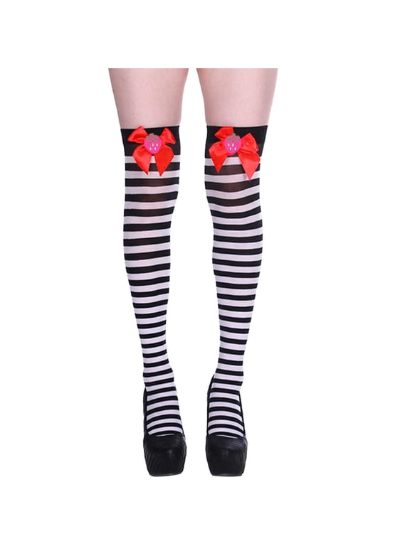 Women Thigh High Socks Strawberry Bowknot Striped Over Knee Short Long Stockings Festival Tights Comfort Black
