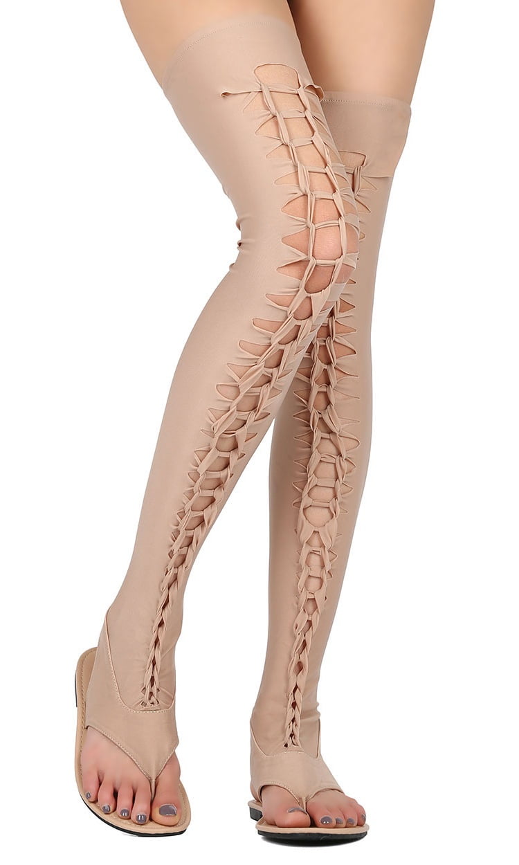 Women Thigh High Thong Sandal OTK Lace Up Flat Sandal Stretchy