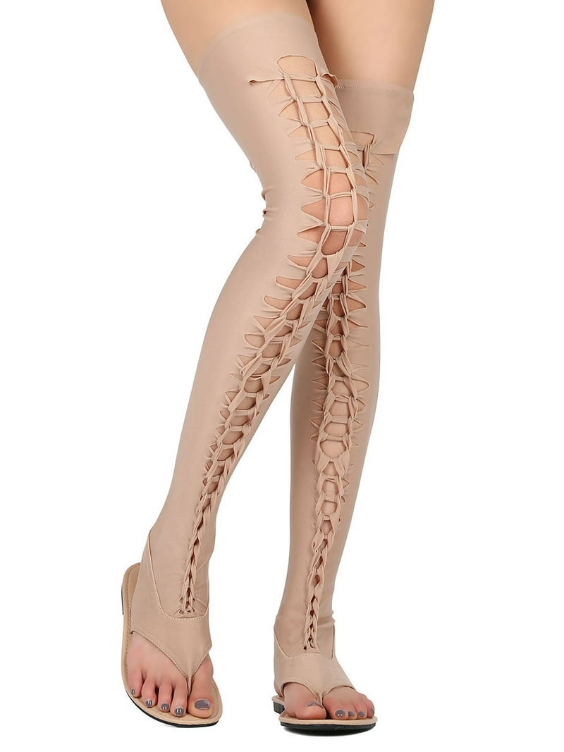 Women Thigh High Thong Sandal OTK Lace Up Flat Sandal Stretchy