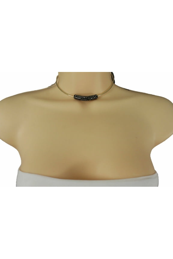 Women Thin Gold Metal Band Skinny Short Choker Necklace Pewter Beads Charm Basic