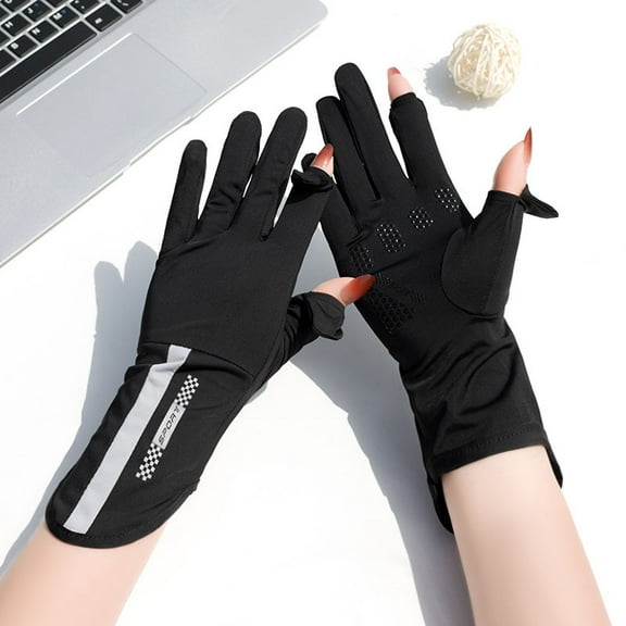 Women Thin Ice Silk Anti-ultraviolet Dew Finger Touch Screen Driving Riding Non-slip Breathable Gloves Full Finger Sun Protection Gloves, Thin Gloves UV Light Gloves Women Cycling Gloves for Women