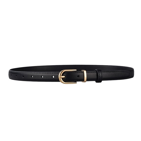 Women Thin Leather Belt Jeans Dress With Gold Alloy Buckle, Black