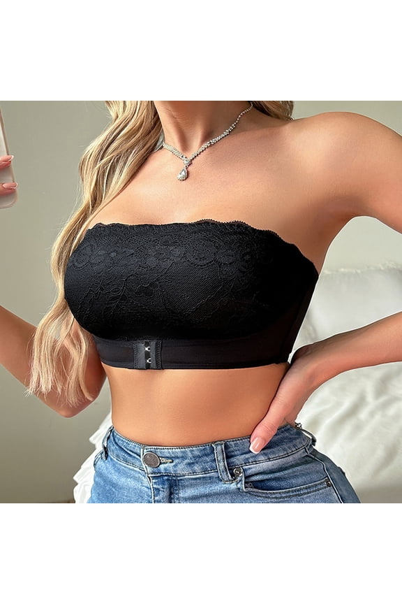Women Thin Seamless Vest Soft Support Large Chest Half Fixed Cup Breathable Bra Strapless Wirefree Lace Bandeau Wrap Non Padded Tube Top, S, Black