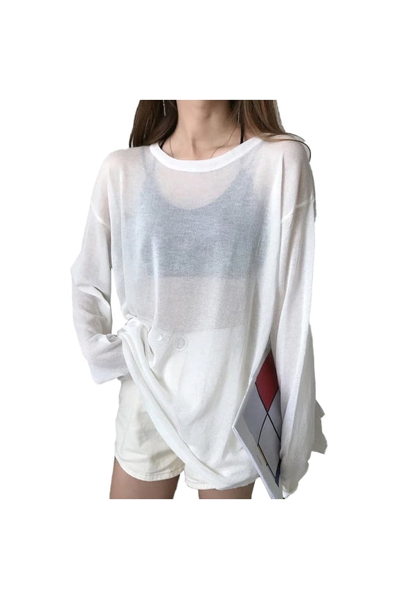 Women Thin See-through Sun protection Long-sleeved T-shirt Loose Casual Base top