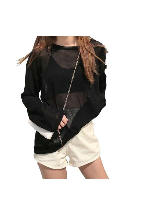 Women Thin See-through Sun protection Long-sleeved T-shirt Loose Casual Base top