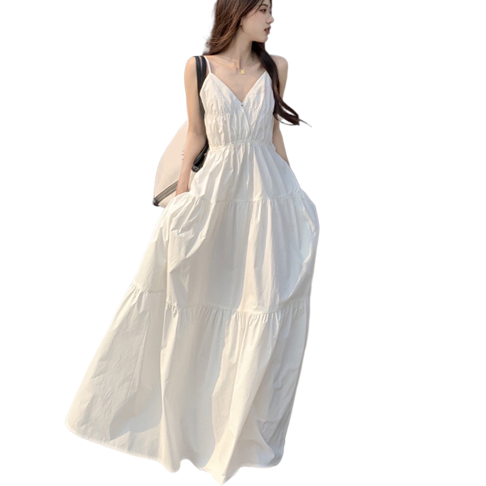 Shoulder Straps V Neck Printed Rayon Dress