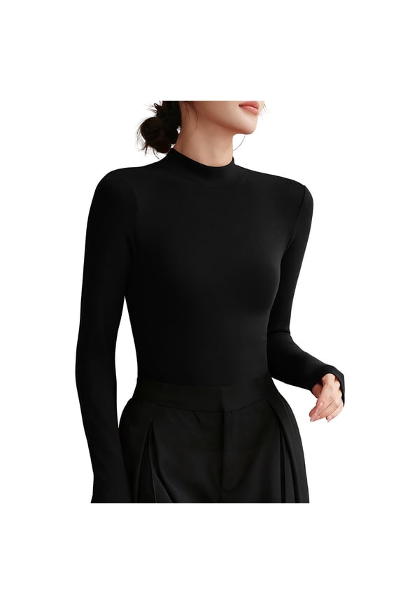 Women Thin Tight Shirts Stretch Mock Neck Long Sleeve Base Layer Top Skinny Thermal Fitness Pullover Soft Comfy Shirt