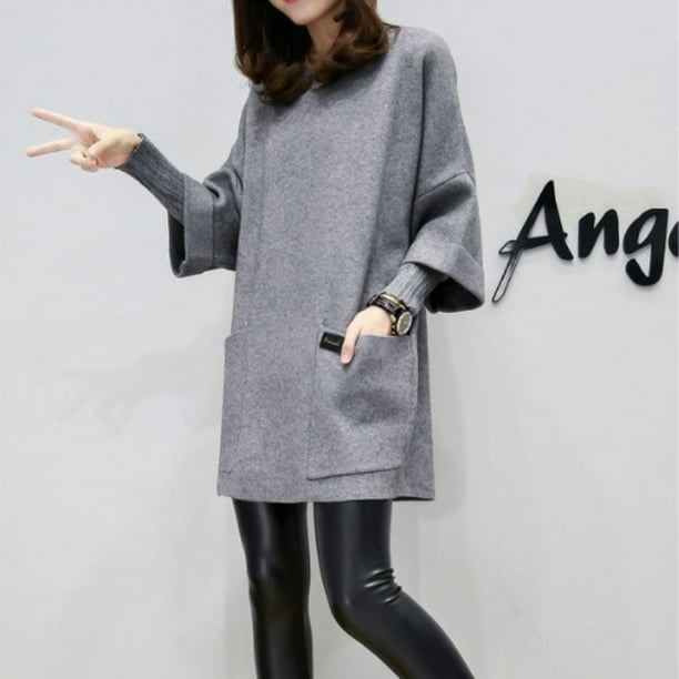 Women Three Quarter Sleeve O neck Korean Two Pocket Plus Size Sweatshirts Long Solid Pullover