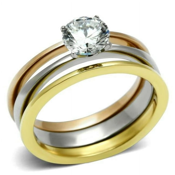 Women Three-Tone IP Stainless Steel Ring with AAA Grade CZ in Clear - Size 10