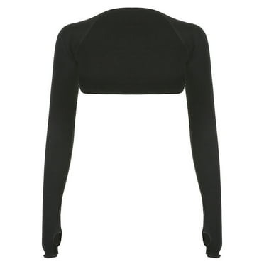 Women Thumbhole Long Sleeve Bolero Shrug Solid Color Open Front Cropped Cardigan Top Bodycon Slim Fit Sunscreen Arm Cover Jacket Shirts