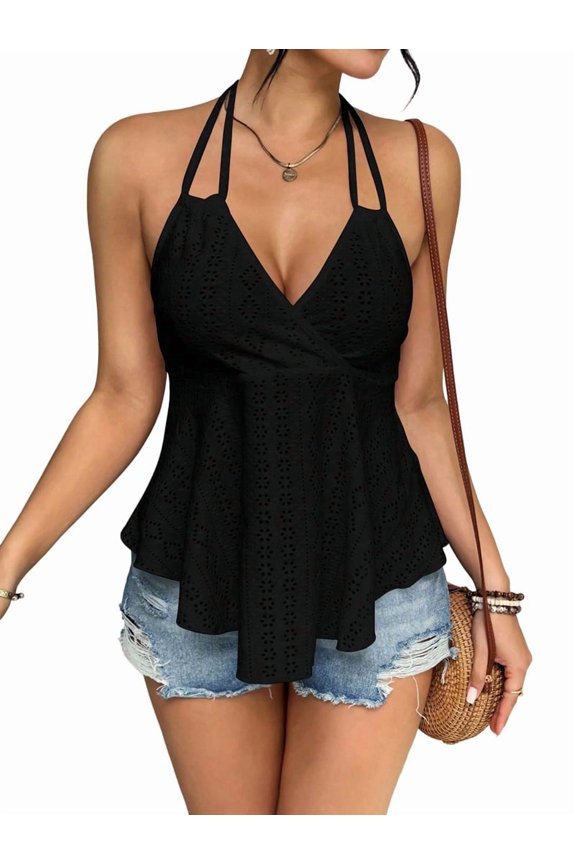 Women Tie Back Tank Tops Criss Deep V Neck Spaghetti Strap Backless Tanks Going Out Black S