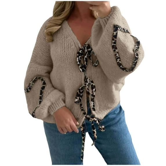 Women Tie Bow Cardigan Sweater Knit Puff Sleeve Fashion Autumn And Winter Coat