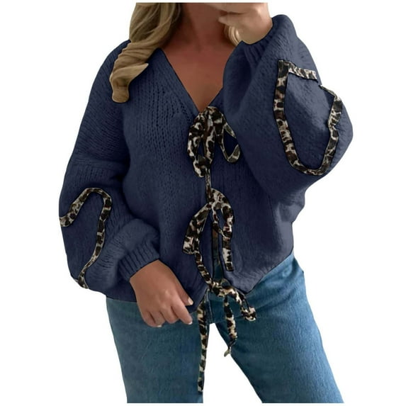 Women Tie Bow Cardigan Sweater Knit Puff Sleeve Fashion Autumn And Winter Coat