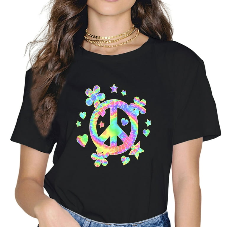 Tie Dye Flowered Peace Sign Graphic Hippie T-Shirt Tie Dye Flowered Peace Sign Graphic Hippie T-Shirt