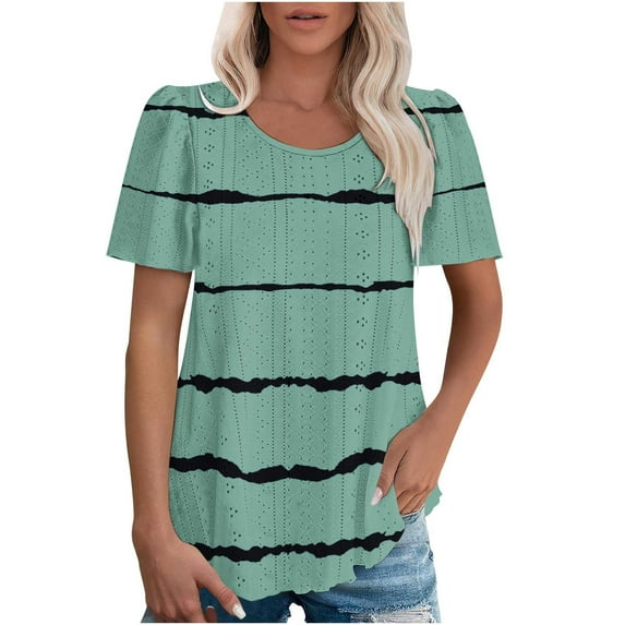 Women Tie Dye Striped T-Shirts Fashion Eyelet Tops Casual Crewneck Tunic Summer Puff Sleeves Tees