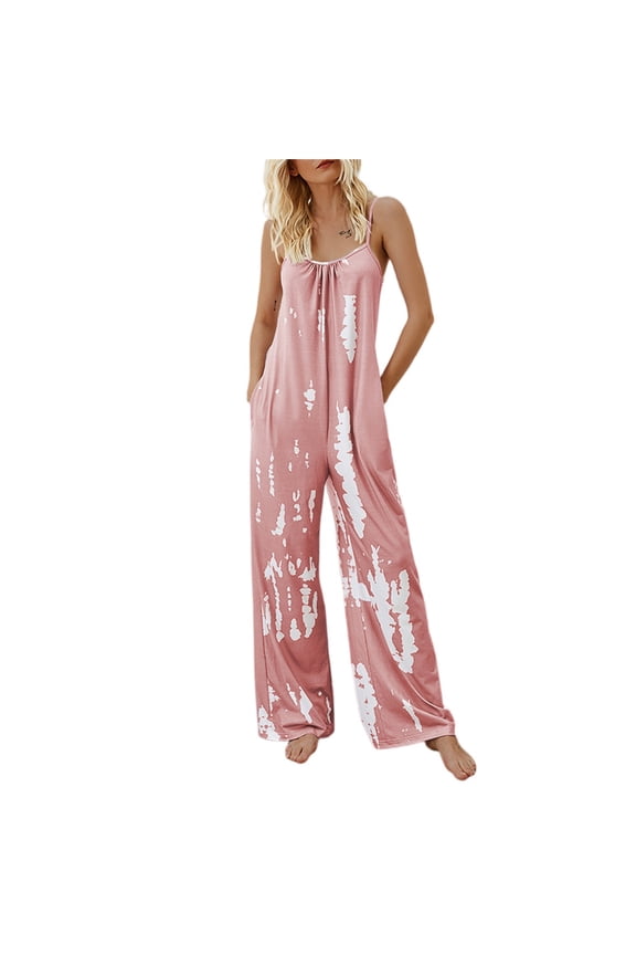 Women Tie Dye Wide Leg Jumpsuit Sleeveless V Back Casual Loose Summer Outfit