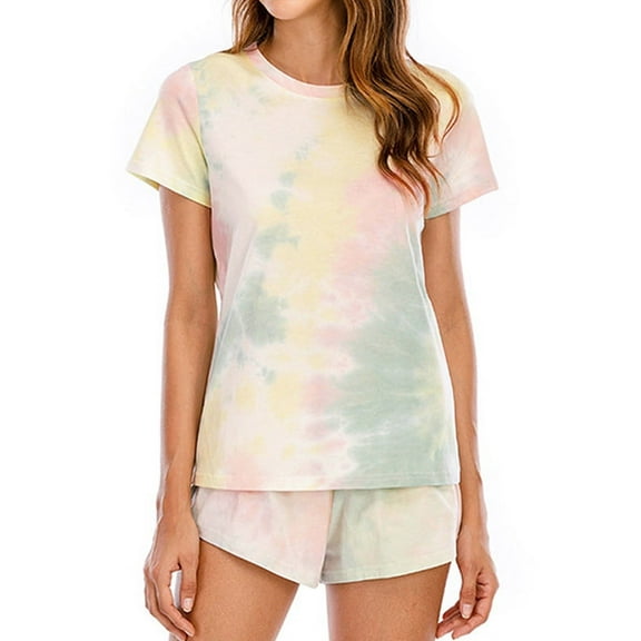 Women Tie-Dyed Short Sleeve Elastic Waist Pajama Set