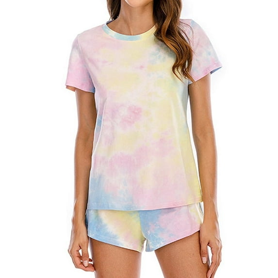 Women Tie-Dyed Short Sleeve Elastic Waist Pajama Set