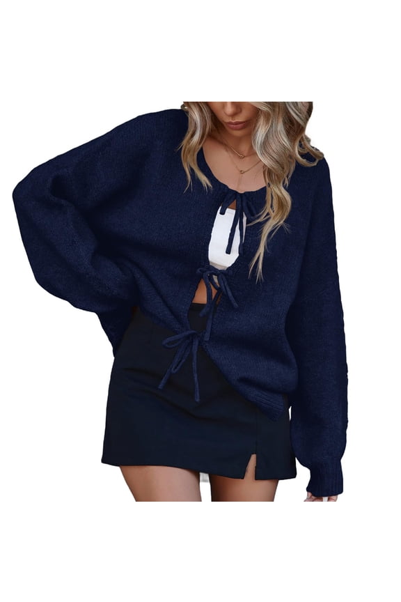 Women Tie Front Bow Puff Long Sleeve Cardigan Fall Loose Ribbed Knit Sweater Tops
