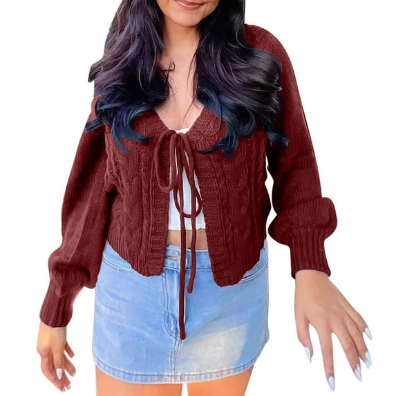 Women Tie Front Cardigan Sweater Long Sleeve Rib Knit Shrug Outerwear Loose Fit Stretchy Comfy Trendy Fall Clothes